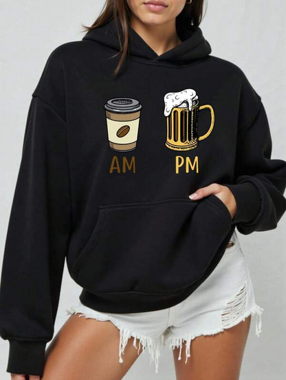 Women's Graphic Hoodie AM PM Coffee Cup And Beer Mug Printed Graphic Hoodie