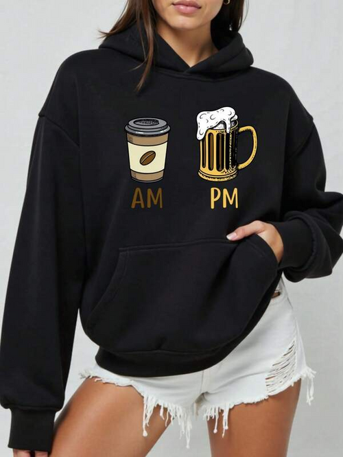 Women's Graphic Hoodie AM PM Coffee Cup And Beer Mug Printed Graphic Hoodie