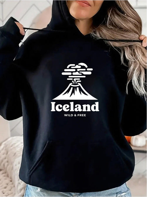 Women's Graphic Hoodie Iceland Wild And Free With Volcanic Mountain Under Cloudy Sky