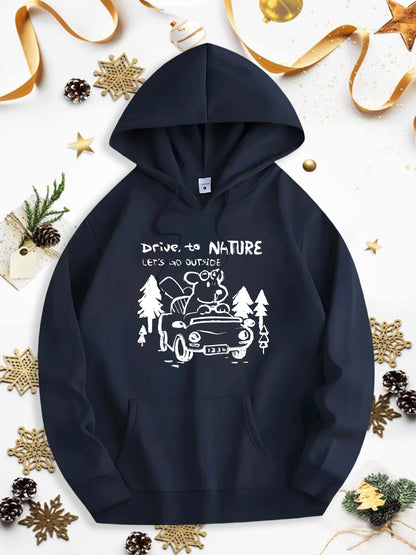 Men's Graphic Hoodie Drive To Nature Cute Bear Among Pine Trees With Classic Vintage Car