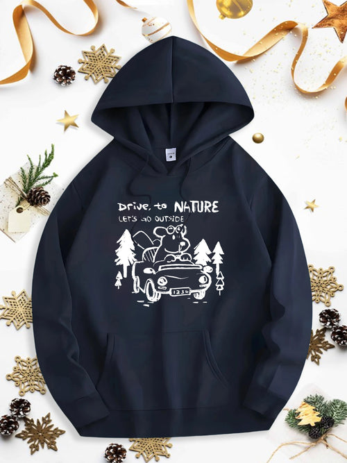 Men's Graphic Hoodie Drive To Nature Cute Bear Among Pine Trees With Classic Vintage Car