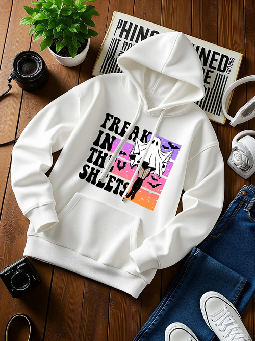 Men's Graphic Hoodie Freak In The Sheets Cartoon Ghost With Colorful Abstract Background
