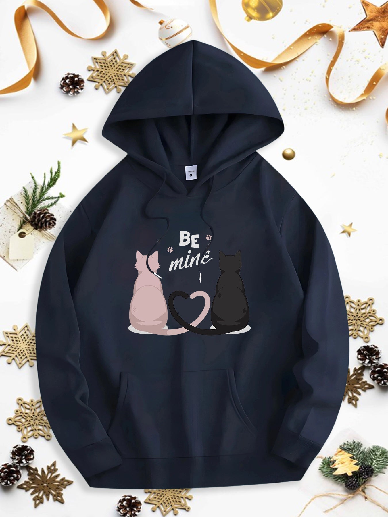 Men's Graphic Hoodie Be Mine Romantic Pink And Black Cats Sitting Under Sparkling Stars Night