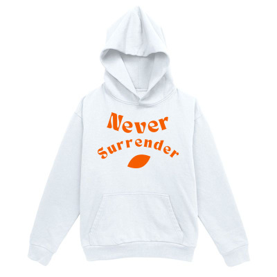 Men's Graphic Hoodie Never Surrender Bold Letters With Orange Leaf Motif And Curved Letters Hoodie