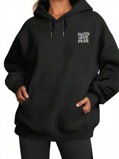 Women's Graphic Hoodie Faith Over Fear Minimalist Slogan On Black Hoodie