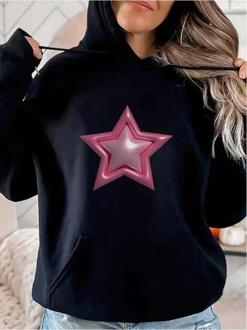 Women's Graphic Hoodie Shiny Pink Layered Star Reflecting On Black Hoodie