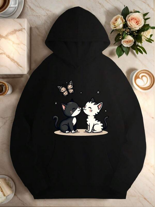 Women's Graphic Hoodie Two Playful Kittens With Butterfly Resting Together Under Gentle Light Kittens