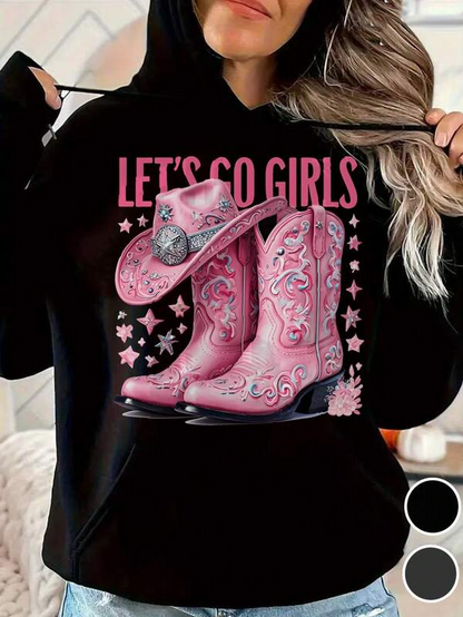 Women's Graphic Hoodie Lets Go Girls Pink Stars With Glittering Hat And Bold Western Boots