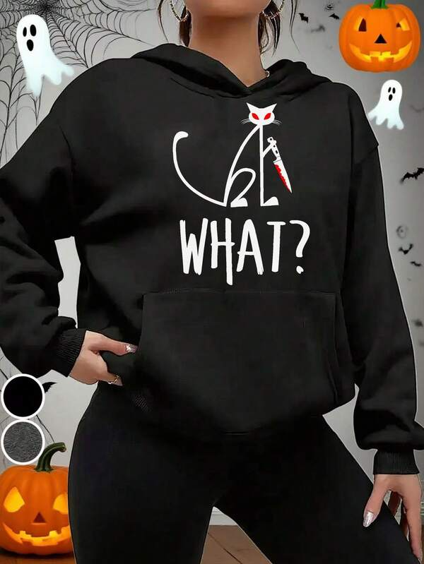 Women's Graphic Hoodie What Spooky Halloween Cat With Red Bloody Knife Eyes Glowing In Darkness