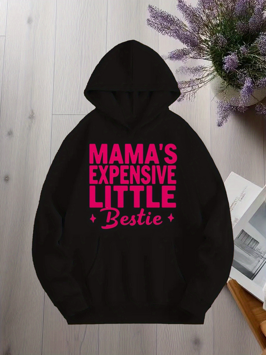 Men's Graphic Hoodie Mamas Expensive Little Bestie Bold Pink Letters On Cozy Black Hoodie
