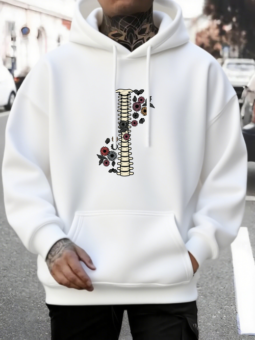 Men's Graphic Hoodie Elegant Floral Embroidery With Abstract Spine Surrounded By Blossoms Hoodie