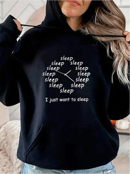 Women's Graphic Hoodie I Just Want To Sleep Repeated Words Surrounding Dreamy Black Hoodie
