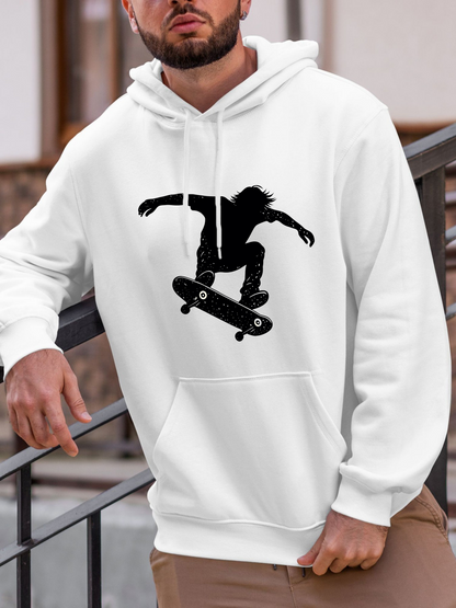 Men's Graphic Hoodie Flipping Through Urban Air With A Bold Skater Silhouette Skateboarder