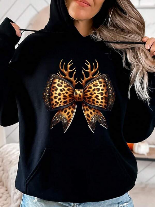 Women's Graphic Hoodie Leopard Print Antlers With Shimmering Gold Ribbon Bow