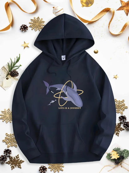 Men's Graphic Hoodie Life Is A Journey Graceful Whales Swimming Among Orbiting Rings