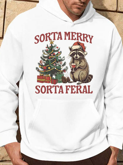 Men's Graphic Hoodie Sorta Merry Sorta Feral Christmas Tree With Gift Boxes And Playful Raccoon