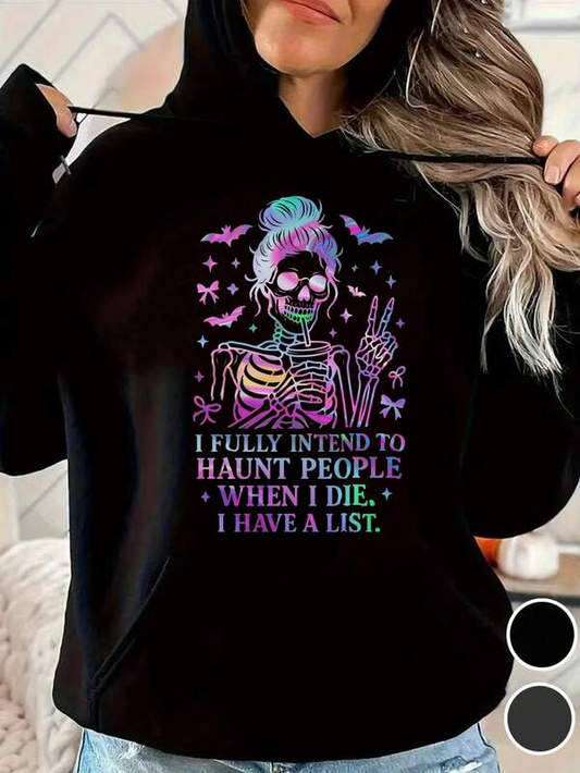 Women's Graphic Hoodie Colorful Skeleton With Butterflies And Peace Hand Gesture Under Neon Stars Skeleton