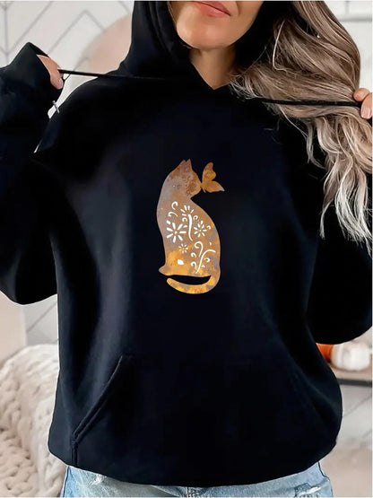 Women's Graphic Hoodie Golden Floral Patterns With Delicate Butterfly Facing Cat