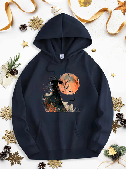 Men's Graphic Hoodie Midnight Witch With Pumpkin Spice Full Moon And Black Cat