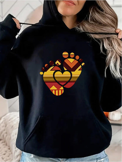 Women's Graphic Hoodie Colorful Striped Heart With Geometric Baby Footprints And Sunset Motif
