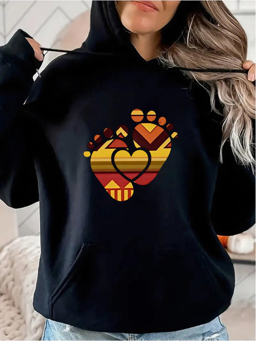 Women's Graphic Hoodie Colorful Striped Heart With Geometric Baby Footprints And Sunset Motif