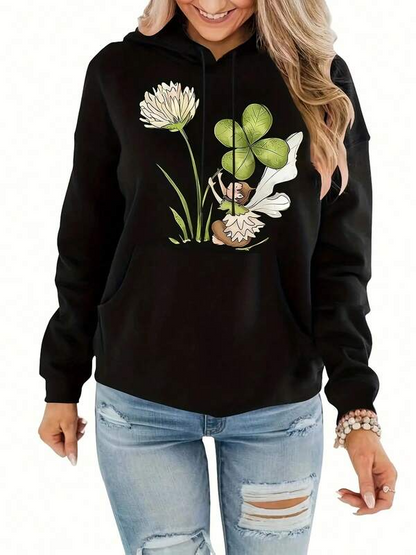 Women's Graphic Hoodie Green Clover Surrounded By Blossoming Flowers And Sitting Gnome