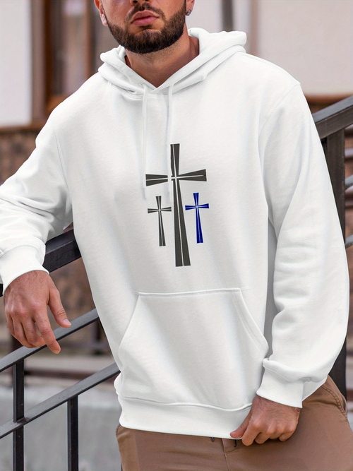 Men's Graphic Hoodie Simple Graphic With Three Crosses And Minimalist White Hoodie