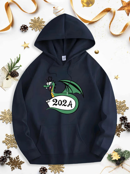 Men's Graphic Hoodie Green Cartoon Dragon With Whimsical Expression Holding Number Banner Dragon