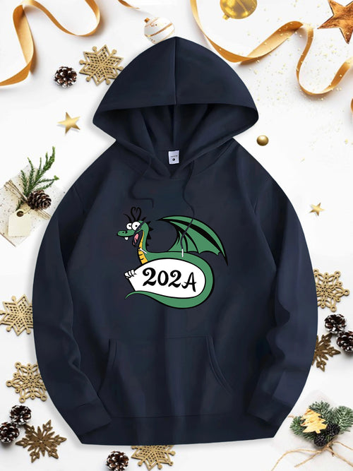 Men's Graphic Hoodie Green Cartoon Dragon With Whimsical Expression Holding Number Banner Dragon