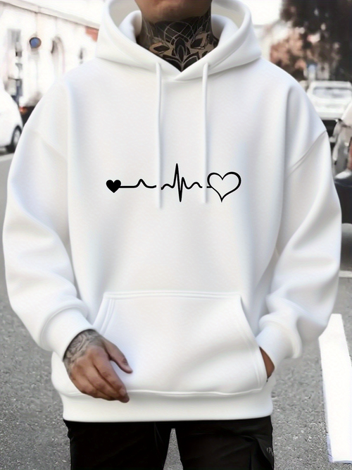 Men's Graphic Hoodie Heartbeat Line With Minimalist Heart Symbol On Soft White Hoodie
