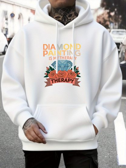 Men's Graphic Hoodie Diamond Painting Is My Therapy With Colorful Floral Banner Under Bright Letters Gemstone