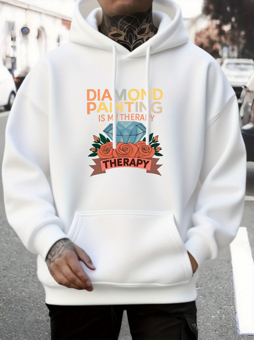 Men's Graphic Hoodie Diamond Painting Is My Therapy With Colorful Floral Banner Under Bright Letters Gemstone