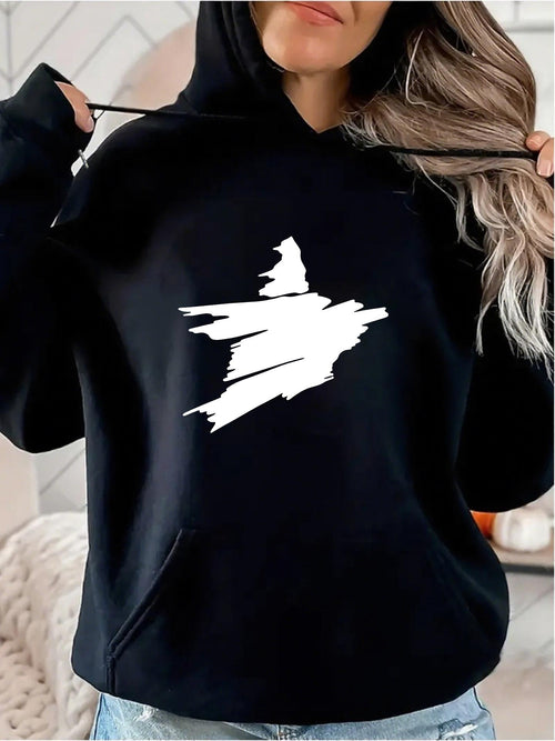 Women's Graphic Hoodie Bold White Brush Strokes Creating Abstract Spontaneous Energy Figure