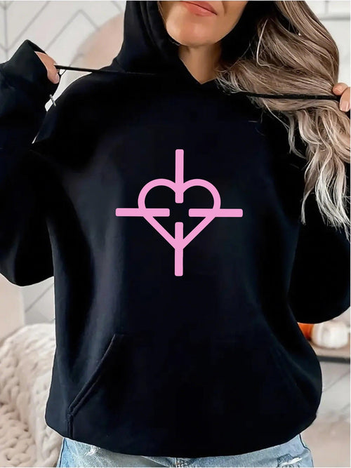 Women's Graphic Hoodie Modern Minimalist Geometric Lines With Pink Heart Motif Hoodie