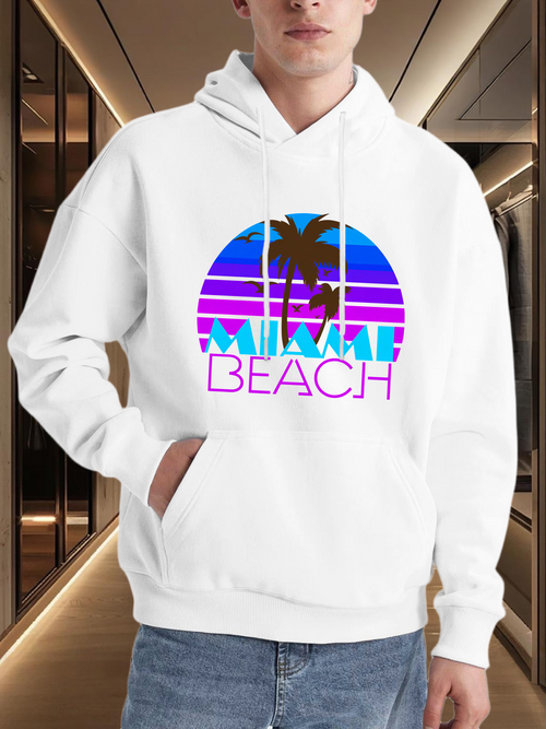 Men's Graphic Hoodie Miami Beach Sunset Palms With Neon Stripes Under Blue Sky