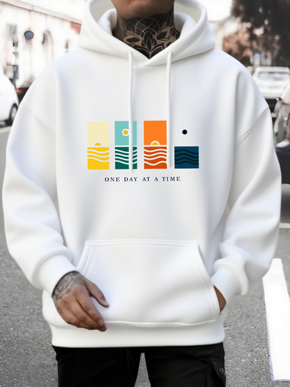 Men's Graphic Hoodie One Day At A Time Colorful Abstract Blocks Above Ocean Waves