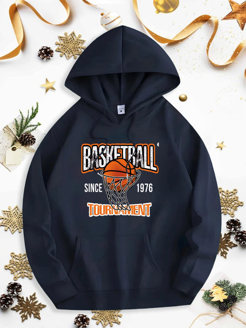 Men's Graphic Hoodie Basketball Tournament With Hoop Net And Vintage Retro Ball