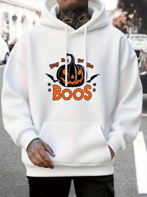 Men's Graphic Hoodie Pumpkin With Flying Bats And Stars Around Halloween Boos