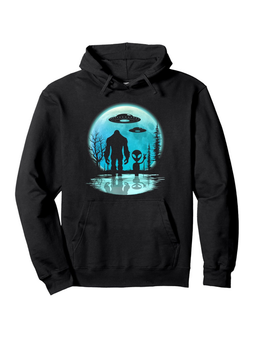 Men's Graphic Hoodie Mysterious Forest Reflections With Bigfoot And Alien Sharing Moonlight