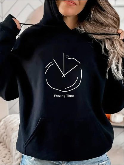 Women's Graphic Hoodie Freezing Time Minimalist Clock Art On Black Hoodie