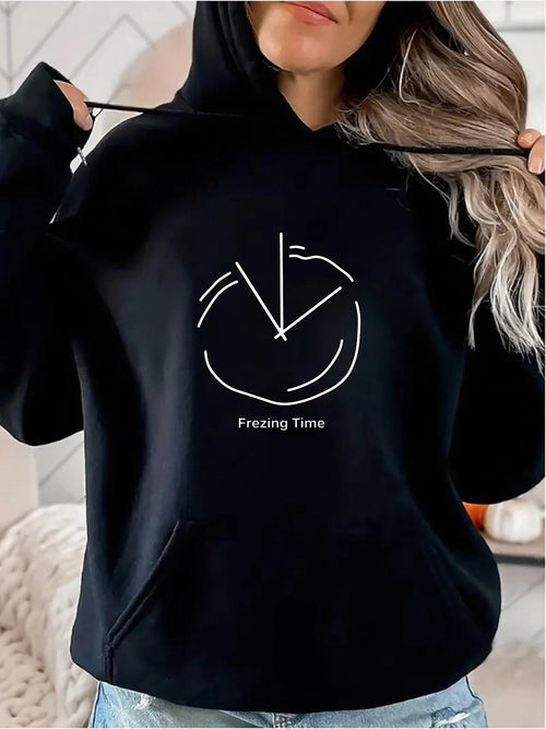 Women's Graphic Hoodie Freezing Time Minimalist Clock Art On Black Hoodie