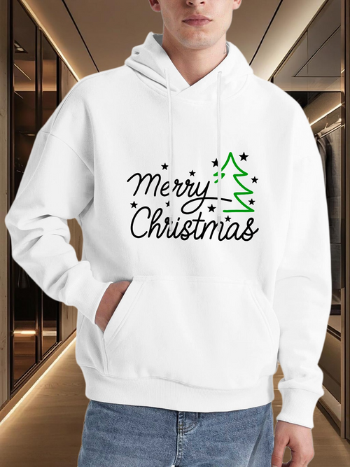 Men's Graphic Hoodie Merry Christmas With Stylish Green Tree And Black Star Accents Hoodie
