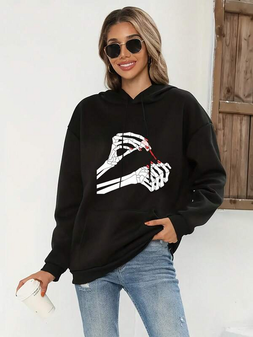 Women's Graphic Hoodie White Skeleton Hands With Red Tipped Fingers Across Black Hoodie