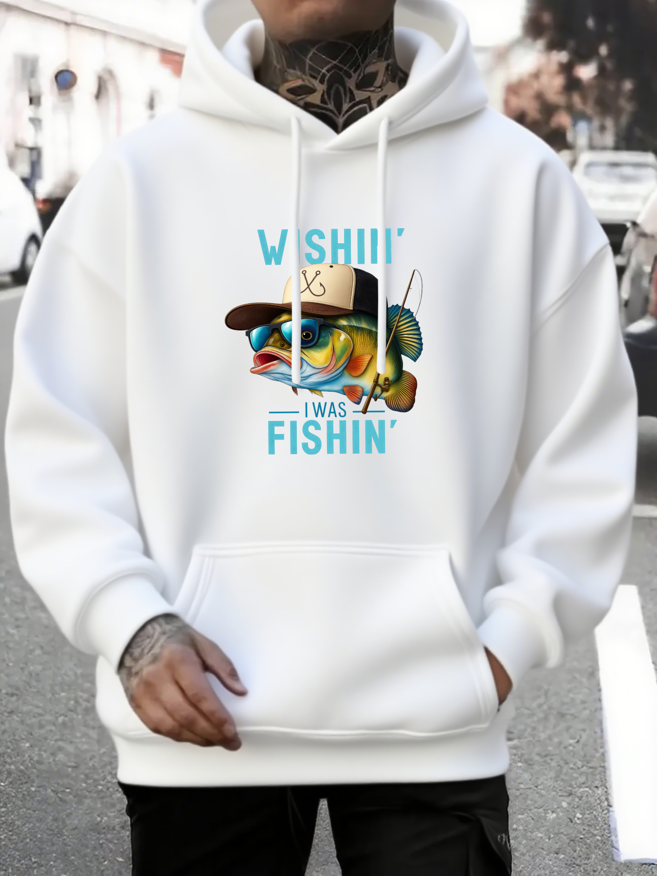 Men's Graphic Hoodie Wish I Was Fishin Cartoon Fish Wearing Straw Hat
