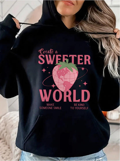 Women's Graphic Hoodie Create A Sweeter World Pink Strawberry Globe Orbiting Within Tiny Stars