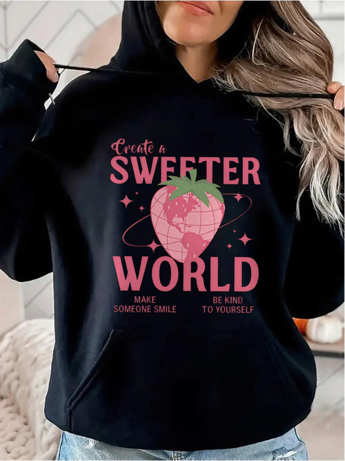 Women's Graphic Hoodie Create A Sweeter World Pink Strawberry Globe Orbiting Within Tiny Stars