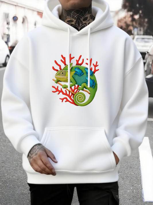 Men's Graphic Hoodie Colorful Coral Branches With Lively Chameleon Among Vibrant Natural Elements Chameleon