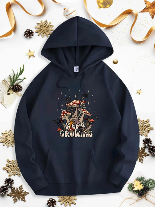 Men's Graphic Hoodie Keep Growing Whimsical Mushrooms Scattered Leaves Among Forest Shadows Hoodie