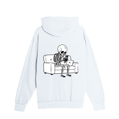 Men's Graphic Hoodie Lonely Skeleton Typing On A Sofa With Coffee Mug Under Quiet Light Skeleton