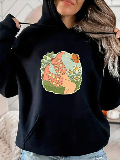 Women's Graphic Hoodie Whimsical Spring Flowers With Retro Boots Among Greenery Butterfly